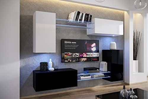 Furnitech Wohnwand Wohnzimmer | Hängend Wohnwand Modern | Wohnzimmer Schrankwand mit Regale und TV Schrank | Wohnzimmer Möbel ohne LED (AN57N-21WB-HG4-1B)