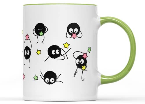 Soot Sprites Wrap Coffee Cup Mug Anime Manga Film Studio Susuwatari Neighbor Spirits Present Gift Heavy Duty Ceramic Handle Coated Dishwasher Microwave Safe (Light Green Handle Prime)