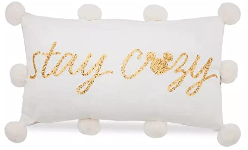 Disney Store Mickey Mouse Winter White Gold Sequin 'Stay Cozy' Pillow Cushion with Snowball Pompoms