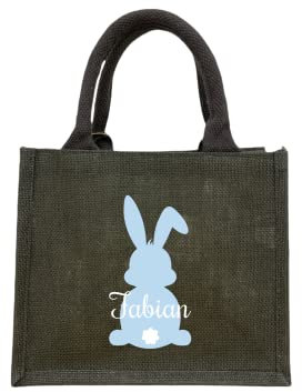 Bedruckte Jutetasche zu Ostern mit Name | Ostertasche Motiv Hase für Kinder | Personalisiertes Osternest zum Befüllen inkl. Namensdruck | Geschenktasche mit Henkel als Osterkörbchen dunkelgrau
