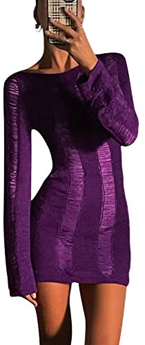 Abito Corto a Manica Lunga Donna Vestito Aderente Sexy Senza Schienale Mini Abito Elegante Vestito Trasparente Tinta Unita Casual Club Festa Cocktail (Viola, S)