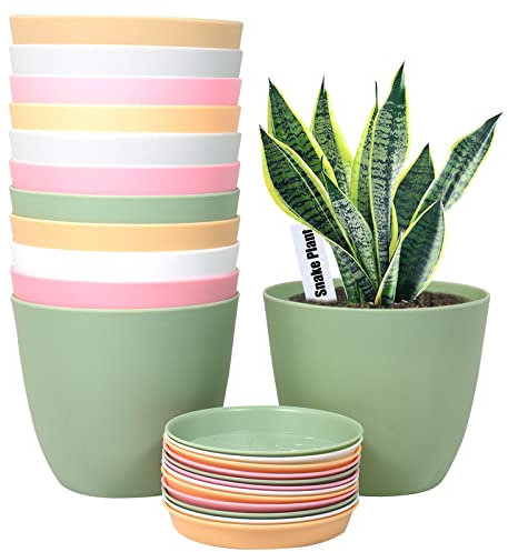6 Inch Plant Pots, 12 Pack Plastic Planters Modern Flower Pot with Drainage Holes and Saucers for All House Plants, Herbs, Flowers and Seeding Nursery, Colorful