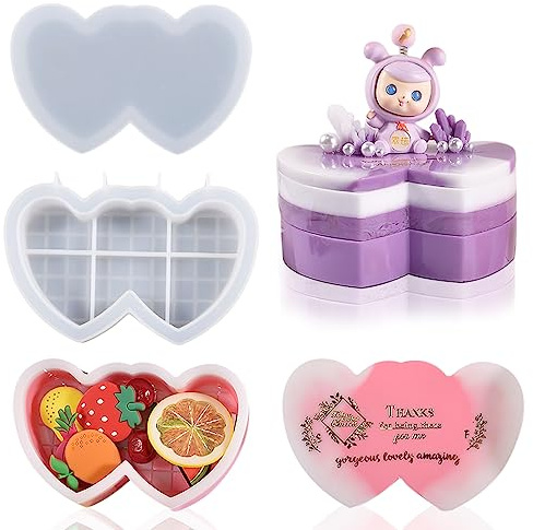 DeryArcle 2 Stück Epoxidharz Formen Dose Herz, Silikonform Aufbewahrungsbox Mit Deckel, Harzform Gießform Schachtel Heart Resin Box Mold für DIY Schmuck Süßigkeiten Behälter Dekor