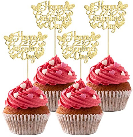 Gyufise 24Pcs Happy Galentine's Day Cupcake Toppers Gold Glitter Sweet Love Valentine Cupcake Picks Valentine's Day Theme Birthday Party Cake Decorations Supplies
