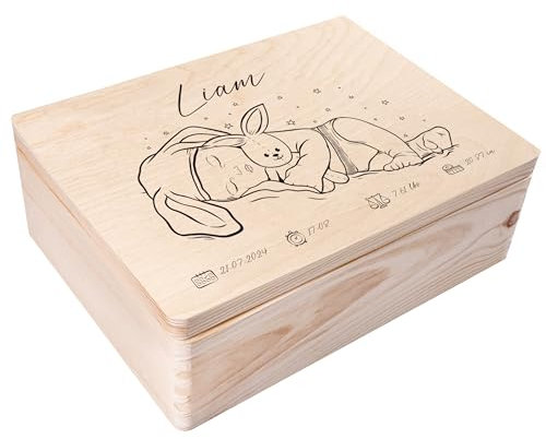 Creative Deco Erinnerungsbox Baby Personalisiert mit Namen | 40 x 30 x 14 cm | Individuelle Erinnerungskiste Geschenk zur Geburt für Mädchen und Jungen | Holzkiste mit Deckel | Farbdruck