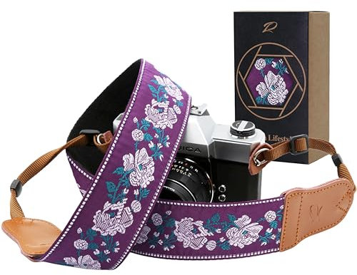 Padwa Lifestyle Sangle Appareil Photo - Extrémités en Cuir de Vachette Ddouble Couche,Sangle D'appareil Photo en Coton Brodé de 2,Bandoulière Photographe Réglable Pour Tous Les Appareils Photo DSLR