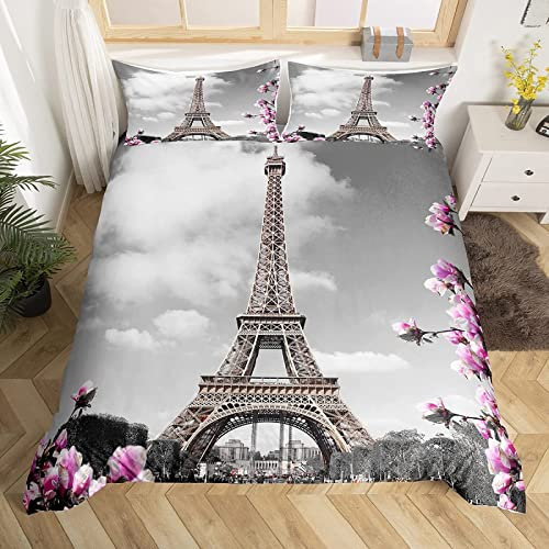 TAKOLI Bettwäsche 135 x 200 3D Eiffelturm Druck, Weiche Microfaser Frankreich Paris Bettwäsche Set 2 teilig - Magnolie Eiffelturm Bettbezug & 1 Kissenbezüg 80x80, mit Reißverschluss