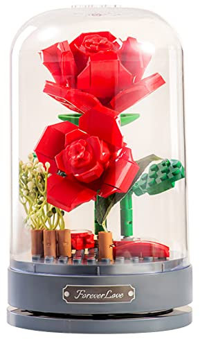MEIEST Set di mattoncini da costruzione con carillon e cupola antipolvere, simulazione di fiori artificiali, decorazione per la casa, 14+ (rosa rossa)