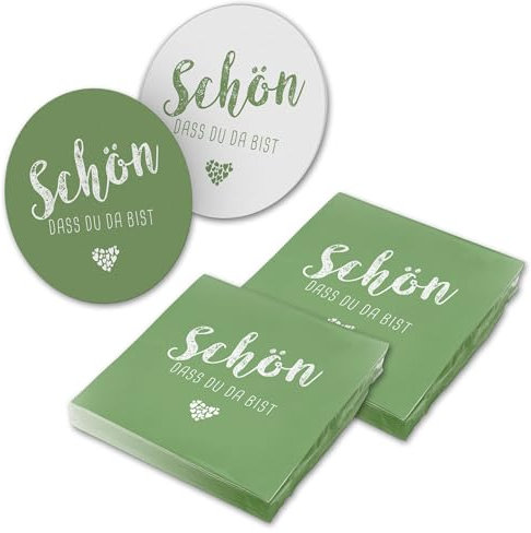 itenga 40x Servietten mit 40x Bierdeckel Schön dass du da bist (grün)