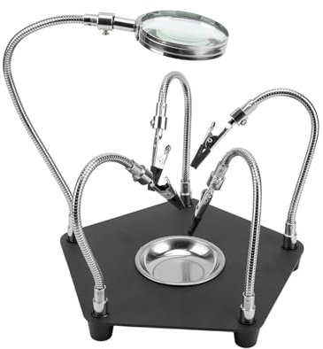 YIDOUJIN Dritte Hand Löten, Lötstation Helfende Hand, Löt-Leiterplattenhalter Werkzeug mit 3X Lupe, Grundplatte aus Metall, Vier flexible Arme Helfer für Bastelt Schmuck Hobby Werkstatt