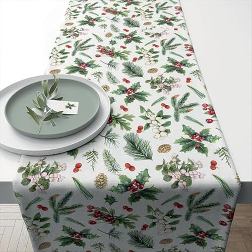 Ambiente Tischläufer Läufer Table Runner 40x150 cm Ilex Zweige und Beeren 100% Baumwolle Winter Greenery, Weiß