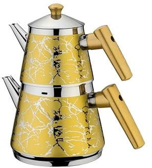 Teiera turca per piano cottura, teiera in acciaio inox con motivo piramidale, bollitore per tè in stile Samovar, bollitore per tè autoserrato (famiglia (3,75 litri), giallo)