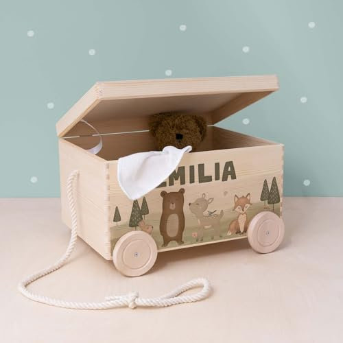 hellomini Personalisierte Spielzeugkiste aus Holz zur Aufbewahrung - Stapelkiste Holz - Spielzeugkiste Kinderzimmer - Personalisiertes Geschenk für Kinder (Waldtiere)
