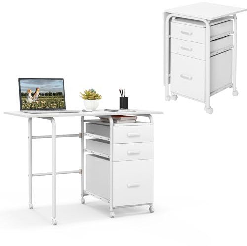 LIFEZEAL Klapperbarer Schreibtisch, Arbeitstisch mit Schubladen & Rollen, Multifunktionaler Computertisch, Bürotisch mit Aktenschränke, Klappschreibtisch für Arbeitszimmer, Büro (Weiß)