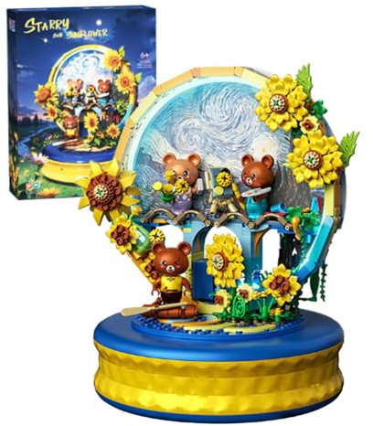 Starry Sky Sunflower Music Box Buidling Blocks Set, 737 Pcs Creative Flower Rotating Music Box Set with Light, Valentine's Day, Birthday Gift for Girls Boys Couples Adults Kids Ages 6+