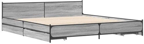 vidaXL Bettgestell, Bett mit Schubladen, Bettrahmen mit Metallbeine Sperrholzlatten, Doppelbett für Schlafzimmer, Schubladenbett, Grau Sonoma 200x200cm Holzwerkstoff