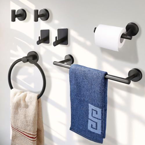 Betadistor Towel Rail Wall Mounted, 7 Pieces Bathroom Accessories Set, 16 Towels Rail, 1 Toilet Roll Holder, 1 Hook Towel Ring with 2 Robe Hooks and 2 Mini Towel Rails, Black, 140704