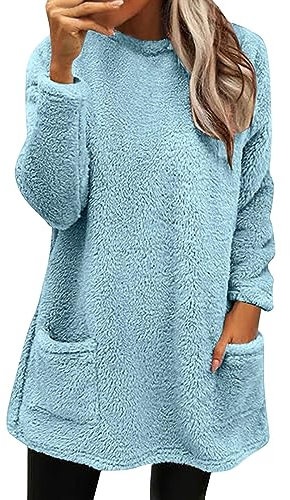 Generisch Warehouse Deals Angebote B Ware Pullover Damen Lang Teddy Fleece Flauschig Pulli Weich Winter Warm Sweatshirt Langarm Fleecepulli Plüsch Tops Oberteile Mit Taschen Black-Friday-Angebote
