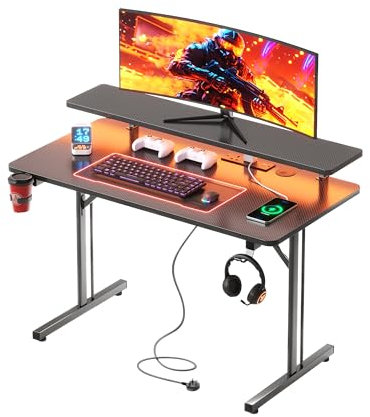 CAIYUN Gaming Desk, 80 x 50 cm Computer Desk with LED Light Strips & Power Outlets, Corner Office Desk with Headphone Hook Cup Holder Carbon Fiber Black