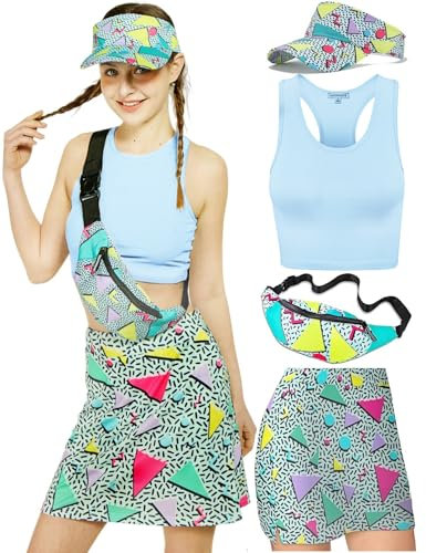 kasahara 80er 90er Jahre Kostüm Damen Retro Trainingsanzug Workout Sport Outfit Skirt, Crop Top, Gürteltasche, Sonnenblenden Hut Karneval Faschingskostüm (Blue, 2XL)