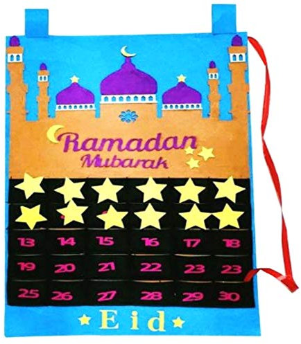 Eid Mubarak Kalender Ramadan Wandbehang Kalender, Neuester Eid Mubarak 30 Tage Adventskalender zum Aufhängen, Filz-Countdown-Kalender, Kindergeschenke, Ramadan-Party-Dekorationen, Zubehör (blau)