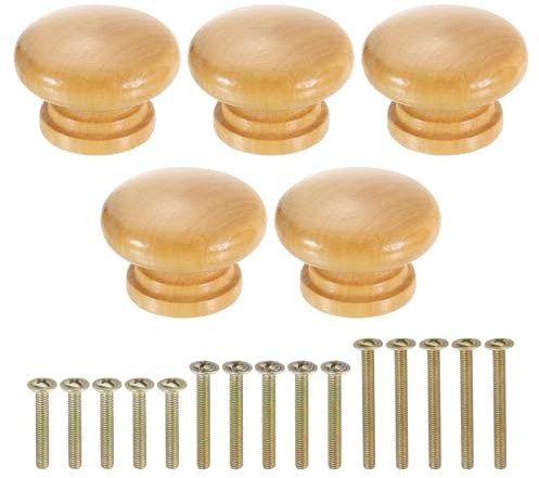 sourcing map 5Pcs Round Wood Drawer Knob, 1.57 x 1.1 Round Cabinet Knobs Mushroom Shape Paint Surface Wooden Knobs with Screws for Furniture Drawer Dresser Wardrobe Cupboard, Wood Color