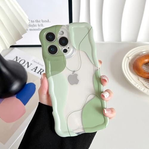DEFBSC Compatible with iPhone 14 Pro Case, Cute Wavy Curly Shape Colour Mix Aesthetic Design Durable Stylish Shockproof Full Camera Protection Clear Phone Cover for Girls Women - Green