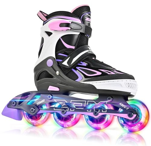 2PM SPORTS Vinal Inline Skates for Girls Boys Kids Ages 5-8 8-12 with Adjustable Illuminating Wheels, Inline Roller Skates for Youth Women Men - Purple Pink Medium