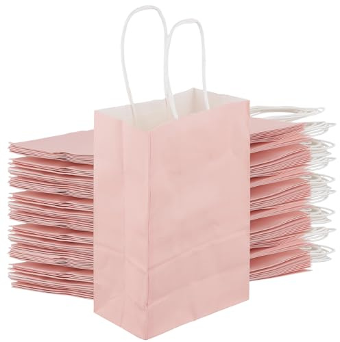 KOHAND Lot de 40 sacs en papier kraft rose avec poignées, 15 x 8 x 21 cm, sacs cadeaux en papier kraft pour anniversaire, mariage
