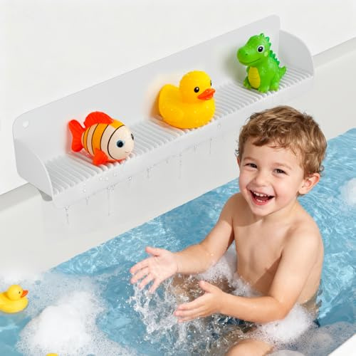 Duseu 24 Inch Bathtub Splash Guard, Silicone Bath Tub Tray with 10 Strong Suction Cups, Bathtub Shelf Toy Holder, Prevent Water Spills in Bathroom, Easy Clean & Fold, White