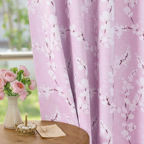 FMFUNCTEX Verdunkelungsvorhänge mit Blumenmuster, für Schlafzimmer, Wohnzimmer, Pinke, wärmeisolierte Kinderzimmer-Vorhänge, mit Ösen, 213,4 cm Länge, 2 Paneele, Weiß auf Pink