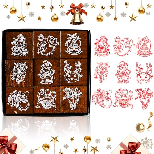 Weihnachtsstempel Set 9 Stück | Holzstempel Weihnachten Mit Rentier, Weihnachtsmann, Geschenken & Schneekugel, Weihnachtsstempel Holz Für Diy Basteln Karten Scrapbooking Geschenk Deko