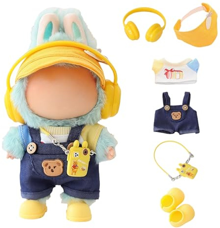 Clothes for Lu bubu 17cm Dolls(No Doll) Accessories, Stylish Kawaii Overalls Outfit Headphones Set 5 Pieces Suitable for 17cm Dolls , Doll Hat Headset Boots Clothing Set Replacement