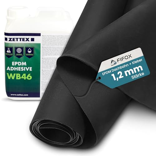 FIFOX Kit de film de toit EPDM 1,2 mm avec colle Zettex WB46 – 3,05 x 4 m film EPDM plus 2,5 litres de colle EPDM à base d'eau – Sans solvant, résistant aux UV et durable pour étanchéité de toit