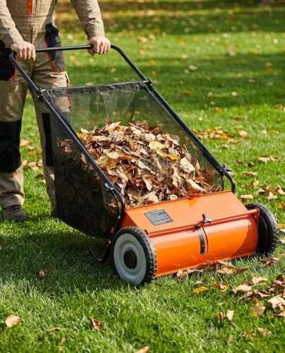 GarveeLife Leiser und effizienter Hand-Rasenkehrer – 53 cm Arbeitsbreite, 4 Hochgeschwindigkeitsbürsten, höhenverstellbar, robuster Stahlrahmen, 100L Auffangkorb – Ideal für Rasen, Laub, Schmutz und