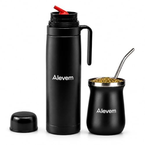 Alevem Kit Mate Argentino Completo 3 Piezas | Calabaza, Termo, Bombilla | Incluye vaso mate, termo doble pared,1 bombilla acero, y cepillo. Color negro buen regalo amantes del mate