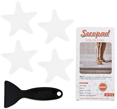 Secopad Badewannen-Aufkleber, rutschfest, 24 Stück, Sicherheits-Duschmatten, Selbstklebende Applikationen mit hochwertigem Schaber (Farblos)