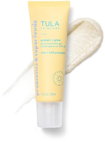 TULA Skin Care Protect + Glow Daily Sunscreen - Gel, Broad Spectrum SPF 30, Skincare-First, Non-Greasy, Non-Comedogenic and Reef-Safe with Pollution and Blue Light Protection, Regular, 1.7 fl oz.