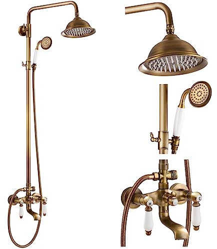 gotonovo Antique Brass Shower Faucet 8-inch Luxury Shower Head Fixture with Handheld Spray Double Lever Handle Bathtub Spout Triple Function Bathroom Wall Mount