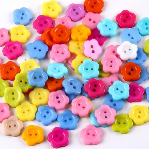 SUQ Gemischte Knöpfe, Bunte Knöpfe, 100pcs Knöpfe zum Basteln/Nähen/Ersatz, Rund Harz Kunststoff, 11.5mm 2-Loch Charming Blume Beads, für Weihnachten Handwerk DIY Basteln Deko