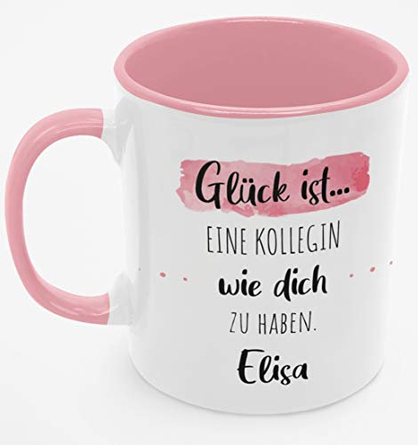Personalisierte Kaffee-Tasse (Glück ist...) mit eigenen Wunschname. Für die Beste Freundin, Opa, Oma, Mama, Papa. Schönes Geschenk oder kleine Aufmerksamkeit | Muttertag (Beste Kollegin #2, Rosa/Rosa)