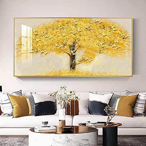 Tableau Decoration Murale Salon Peinture À l'huile Moderne Imprimée sur Toile Jaune Doré Arbre Riche Fleur Plante Art Affiches Imprime Photo Murale pour Salon pour Chambre Esthétique 60X120Cm