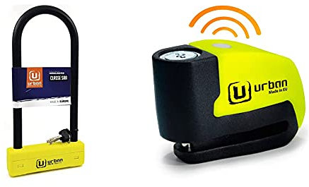 Urban Security Ur120310 Candado Antirrobo U Alta Seguridad Homologado Sra, Doble Cierre Ø18, 120X310 + Ur6 Candado Antirrobo Disco Con Alarma + Warning 120Dba, 6 Mm, Made In Eu, Amarillo Flúor, Única