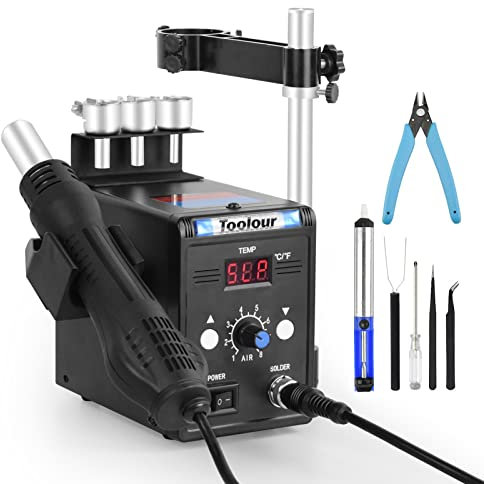 700W Bürstenlose Heißluftlötstation mit ESD-Sicherheit - Geerdeter Vertikalständer für Präzisionsarbeiten, 8-Stufen-Luftstrom & LCD-Temperatur 100-500°C,Inkl. Entlötpumpe & SMD-Werkzeugsatz