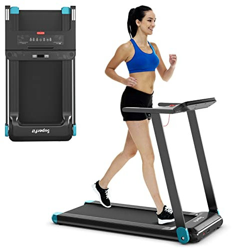 COSTWAY Laufband, zusammenklappbar, mit App-Steuerung, 12 voreingestellte Programme, LED-Bildschirm und Gerätehalter, Bluetooth, Geschwindigkeit 1-12 km/h, Tragkraft 90 kg (blau)