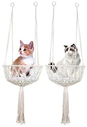 Katlyagin Cama de Gato Colgante de Macramé Con Borlas, Hamaca y Percha de Ventana Tejida A Mano, Columpio Bohemio Con Cojín para Gatos de Interior