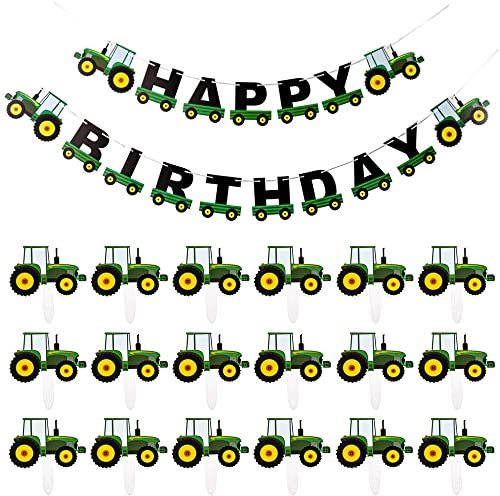 Belvanr Traktor Cupcake Toppers 57 Stücke Fahrzeug Kuchen Topper Traktor Geburtstag Happy Birthday Girlande Tractor Cupcake Picks Green Tractor Happy Birthday Banner Geburtstagstorte Topper für Party