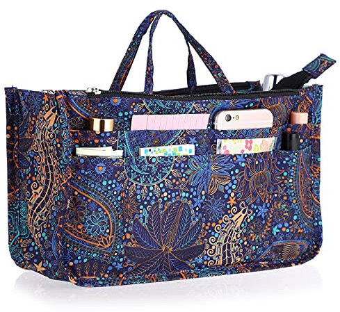 IGNPION Bedruckte Einlage Handtasche Geldbörse Organizer 13 Taschen Erweiterbare Liner Bag Pouch Reißverschluss Taschenorganizer Wickeltasche Einsatz mit Griff (Purpurblaue Blume)
