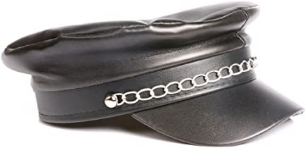 Schwarze Lederoptik Mütze mit Kette 80er Jahre Lederhut mit Punk Kette 80er Jahre Biker Punk Rock Kostüm Zubehör