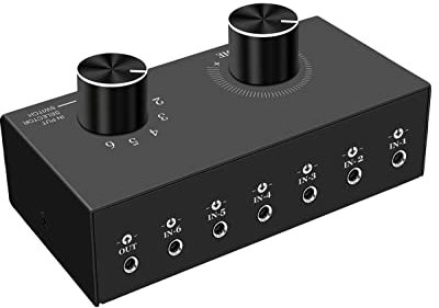 Commutatore audio, commutatore audio stereo RCA, Plug & Play, compatibile con TV, lettore Blu-ray, lettore DVD, CD, amplificatore, altoparlante (switch audio da 3,5 mm 6 in 1out)